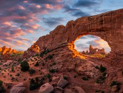 Rock formations and an arch in Arches Utah
