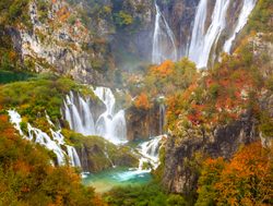 Plitvice Lakes National Park larger falls with fall foliage