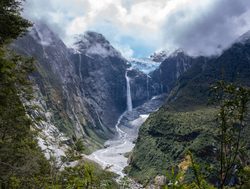 20211220225349 Hanging glacier, waterfall and river in Queulat National Park